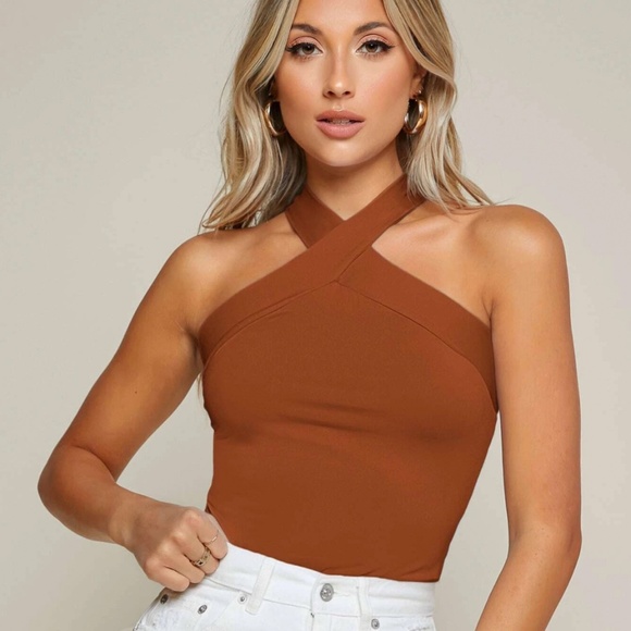 Rust Brown Halter Tank Top Criss Cross Slim Fit - Picture 1 of 7